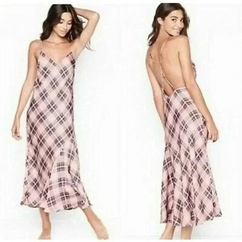 Victoria’s Secret Slip Dress Pink Black Plaid Asymmetrical Size Small Silky Midi